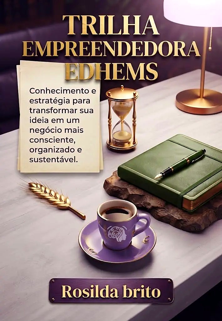 Capa da Trilha Empreendedora EDHEMS: uma mesa com caderno, ampulheta e uma xícara com a marca da EDHEMS